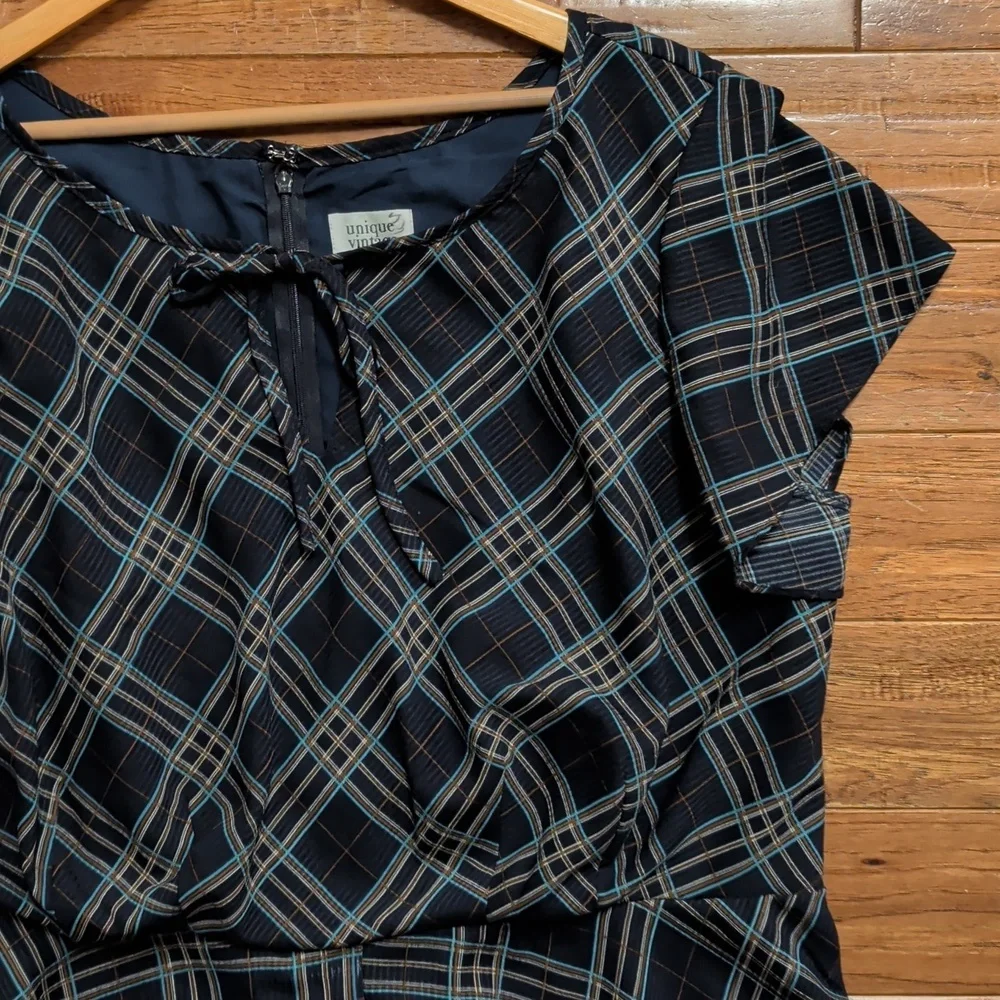 Unique Vintage Keyhole Front Tie Blue Plaid Midi Dress - Picture 4 of 7